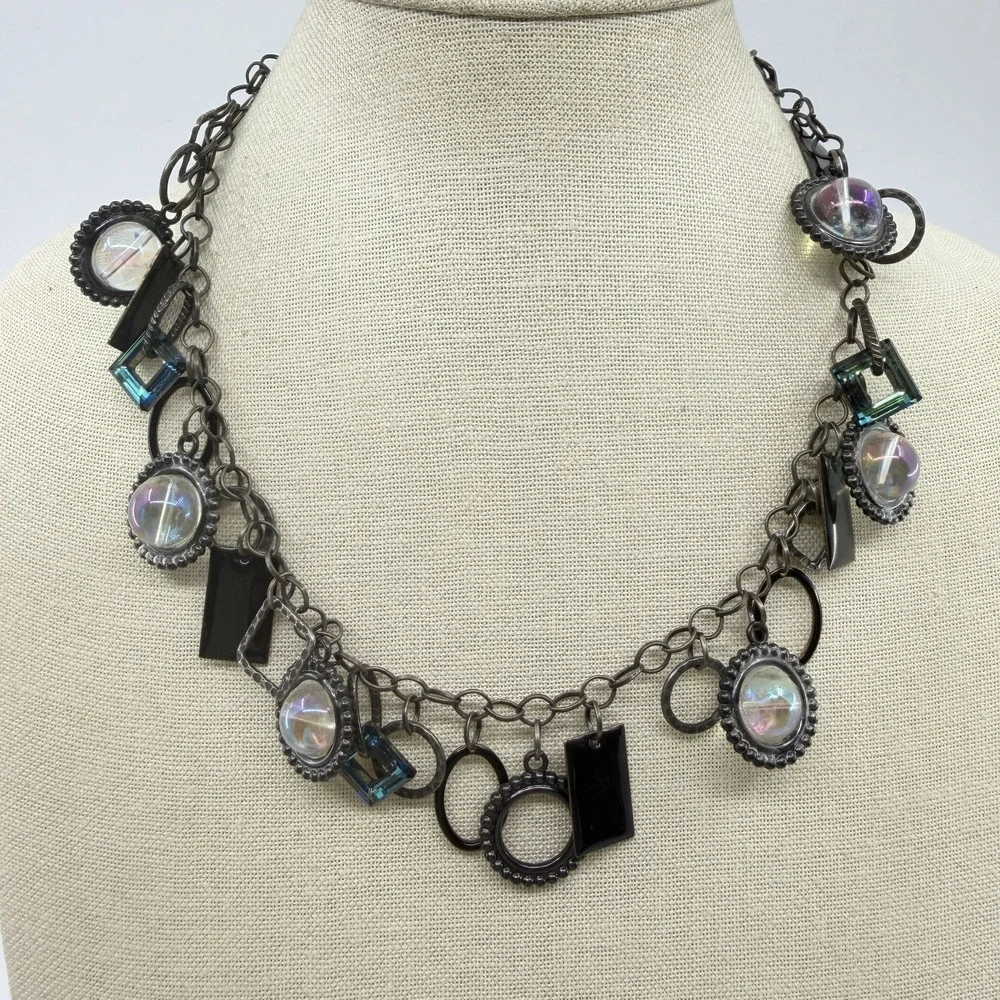 Gunmetal Iridescent Bead Blue Crystal Charm Necklace Gothic Statement Jewelry
